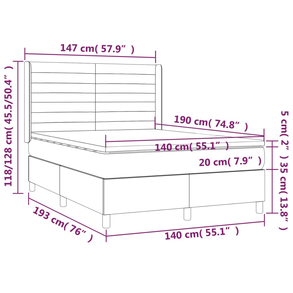 Pat box spring cu saltea, gri închis, 140x190 cm, catifea