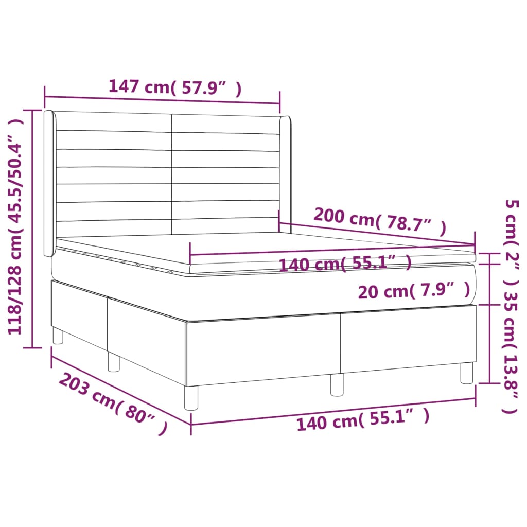 Pat box spring cu saltea, gri închis, 140x200 cm, catifea