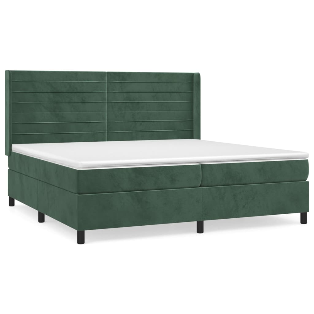 Pat box spring cu saltea, verde închis, 200x200 cm, catifea