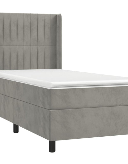 Загрузите изображение в средство просмотра галереи, Pat box spring cu saltea, gri deschis, 90x200 cm, catifea
