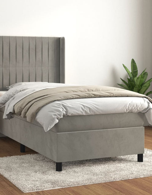 Загрузите изображение в средство просмотра галереи, Pat box spring cu saltea, gri deschis, 90x200 cm, catifea
