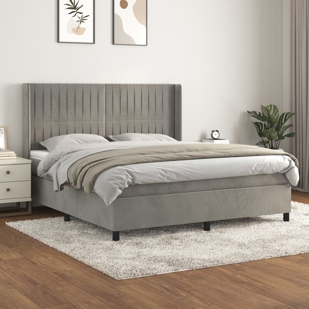 Pat box spring cu saltea, gri deschis, 160x200 cm, catifea