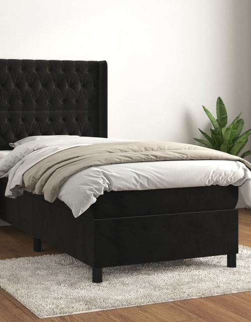 Загрузите изображение в средство просмотра галереи, Pat box spring cu saltea, negru, 80x200 cm, catifea
