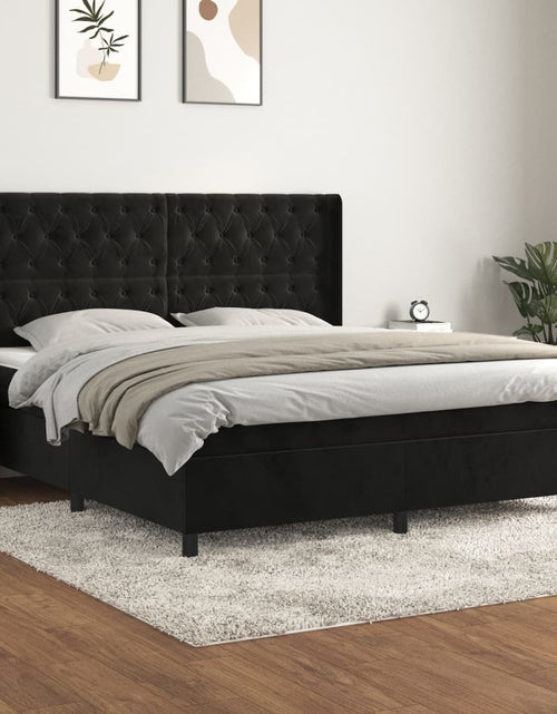 Загрузите изображение в средство просмотра галереи, Pat box spring cu saltea, negru, 160x200 cm, catifea
