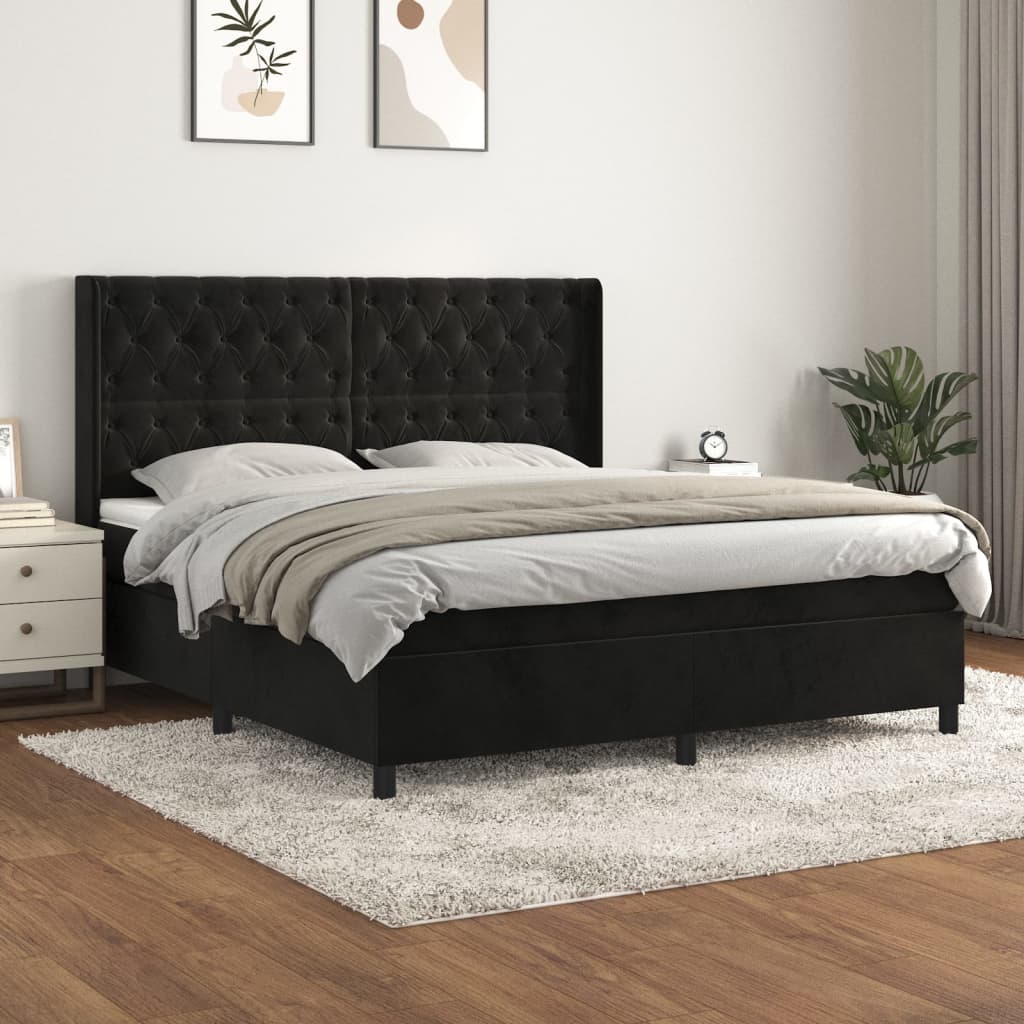 Pat box spring cu saltea, negru, 160x200 cm, catifea