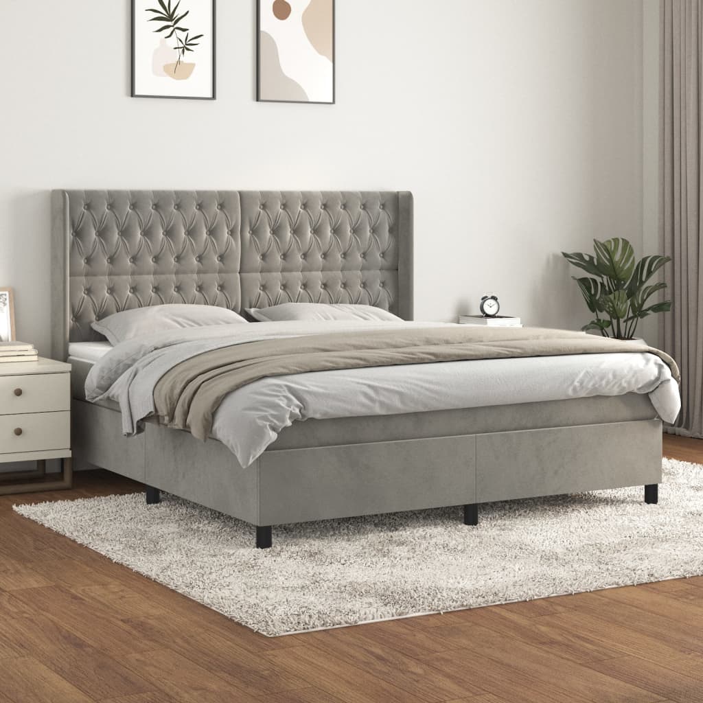 Pat box spring cu saltea, gri deschis, 180x200 cm, catifea