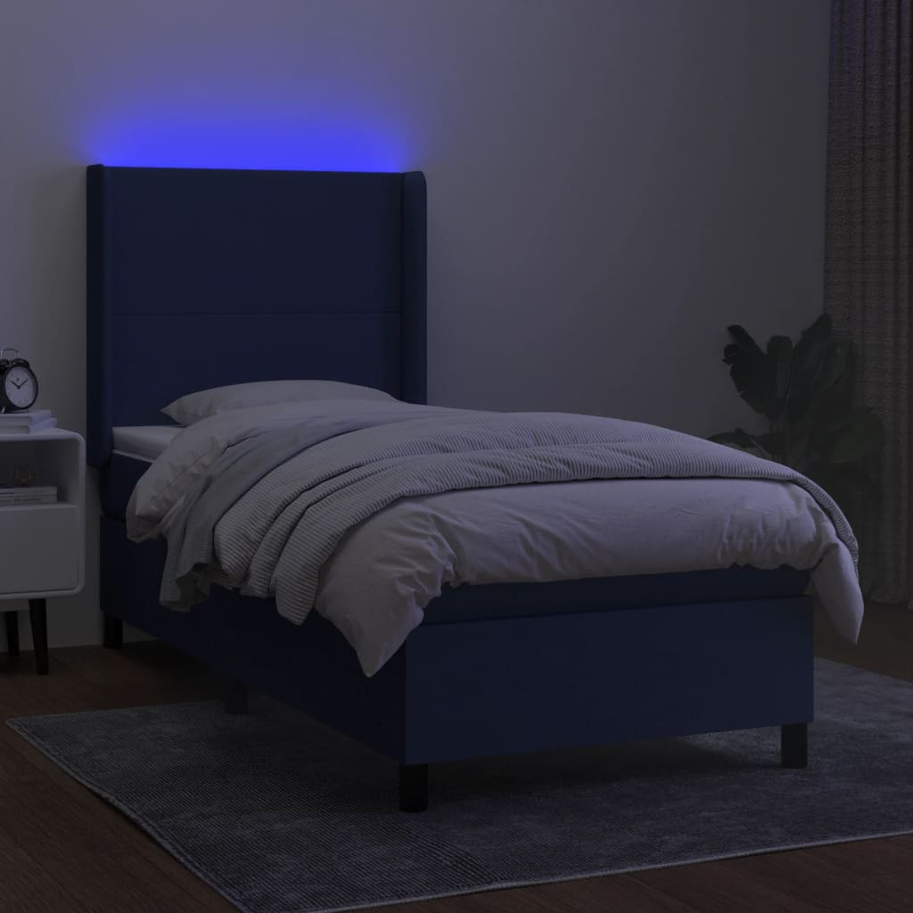 Pat cu arcuri, saltea și LED, albastru, 90x190 cm, textil
