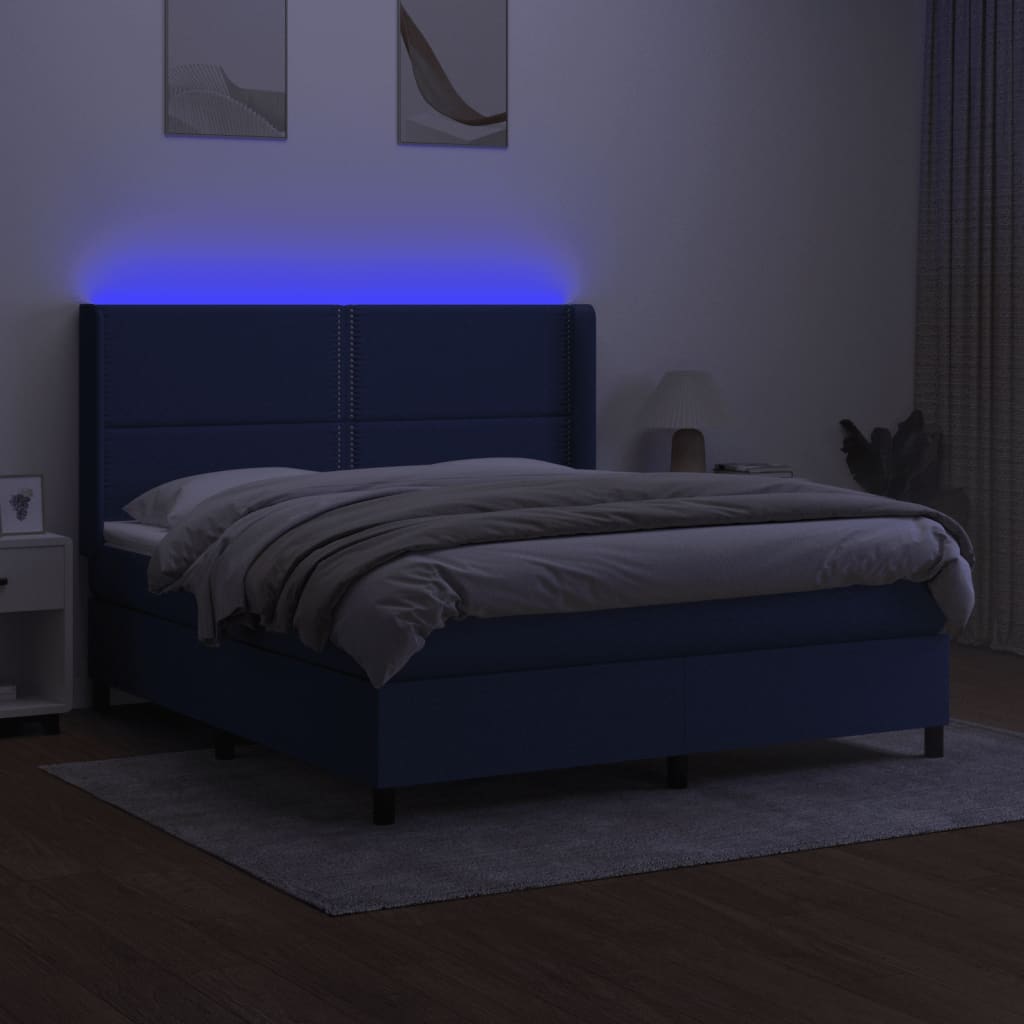 Pat cu arcuri, saltea și LED, albastru, 160x200 cm, textil