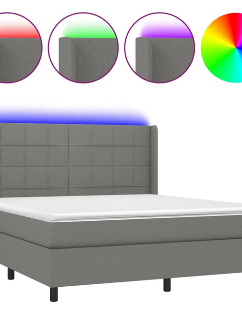 Загрузите изображение в средство просмотра галереи, Pat cu arcuri, saltea și LED, gri închis, 160x200 cm, textil
