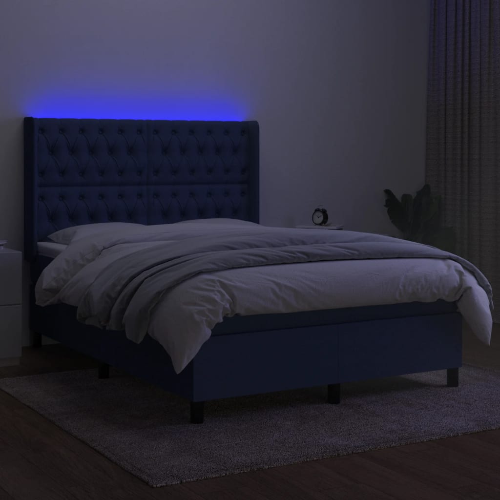 Pat cu arcuri, saltea și LED, albastru, 140x190 cm, textil