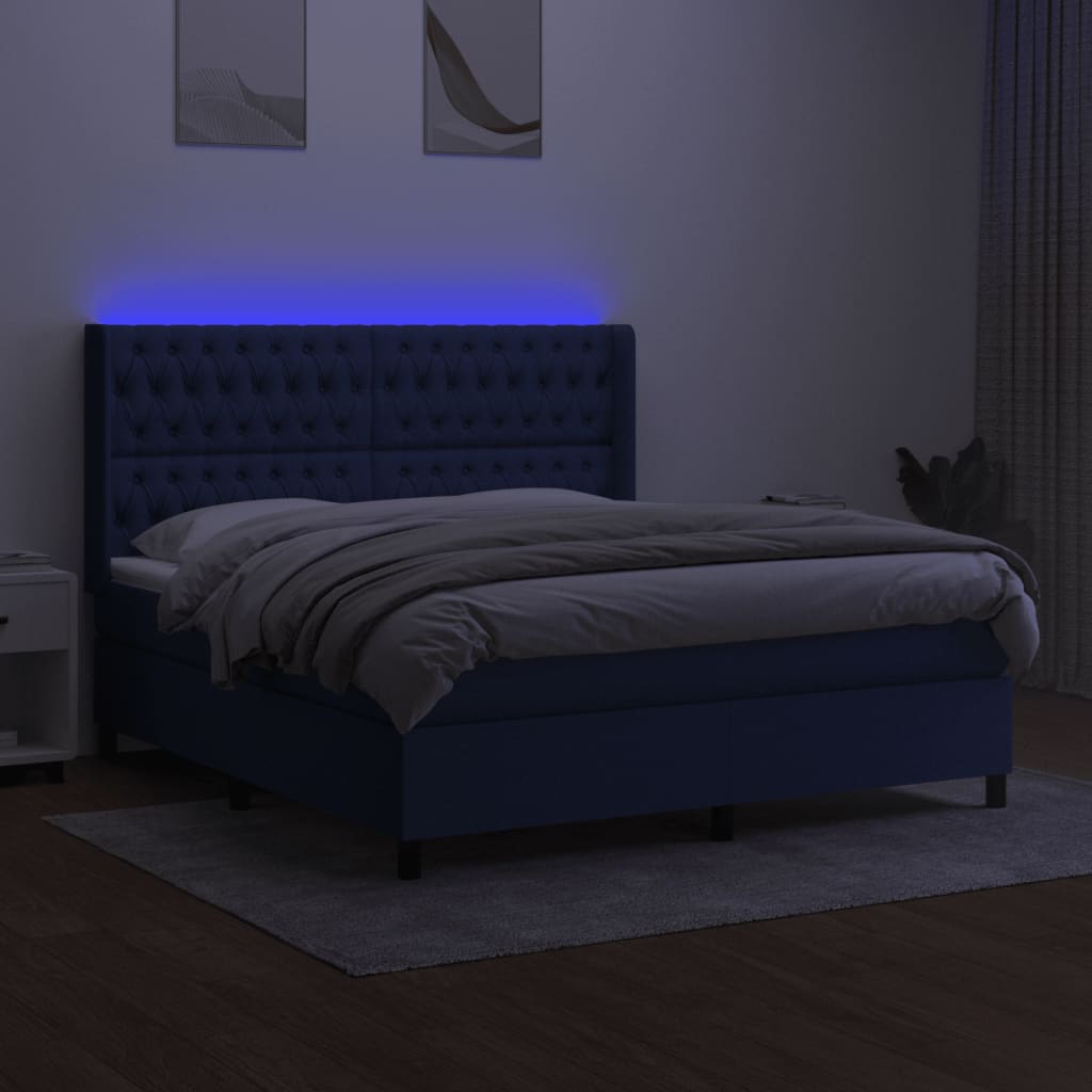 Pat cu arcuri, saltea și LED, albastru, 160x200 cm, textil