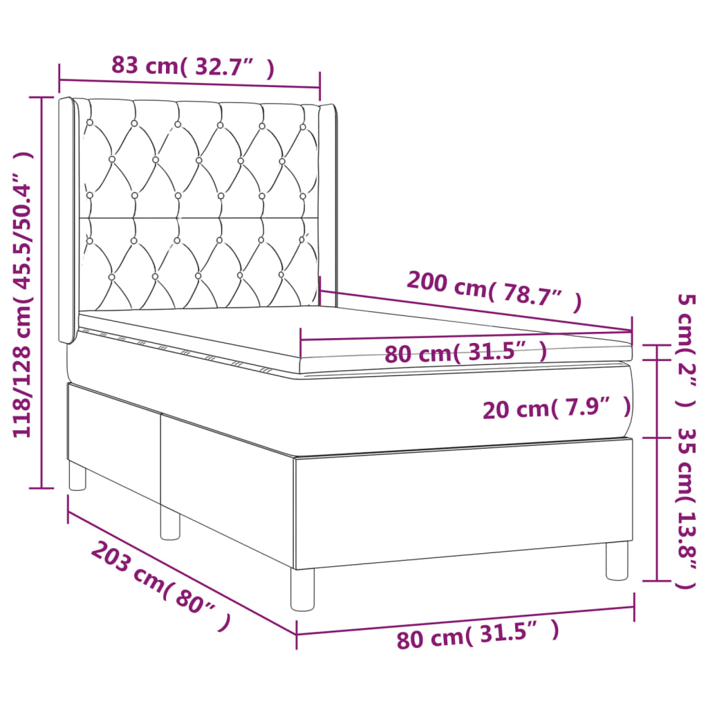 Pat cu arcuri, saltea și LED, gri închis, 80x200 cm, textil