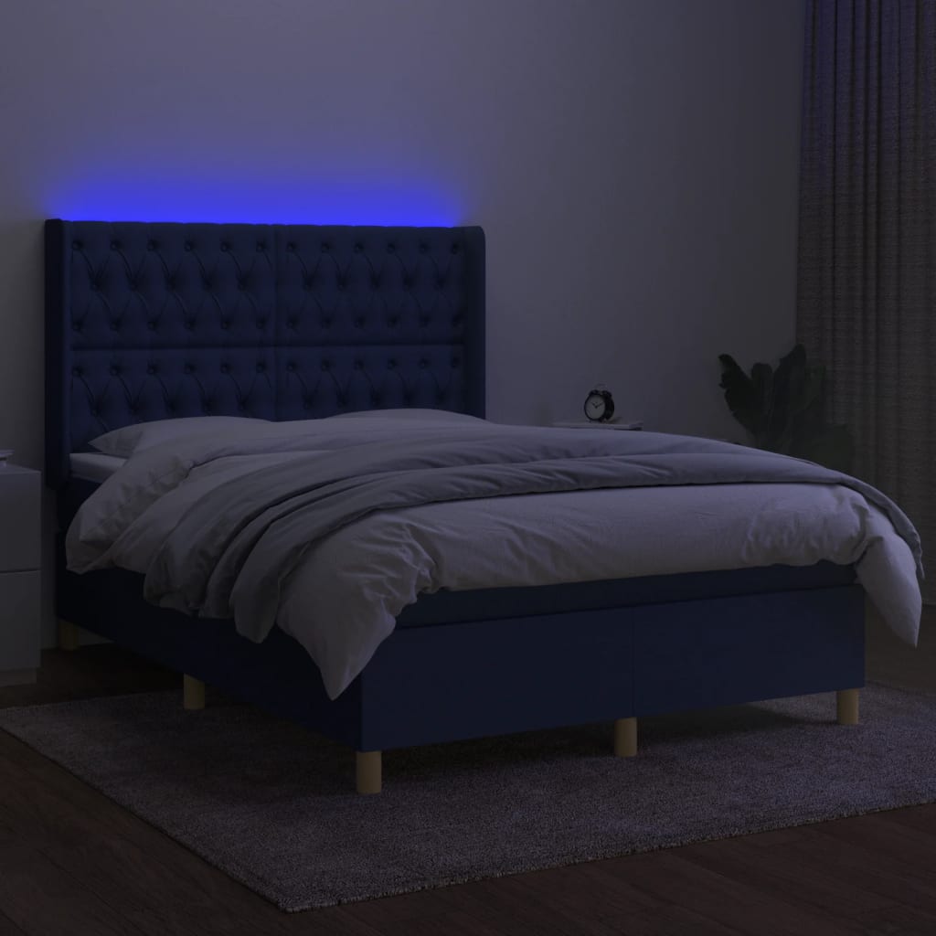 Pat cu arcuri, saltea și LED, albastru, 140x200 cm, textil