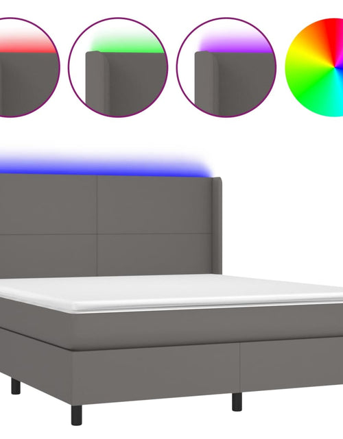 Загрузите изображение в средство просмотра галереи, Pat cu arcuri, cu saltea și LED, gri, 160x200 cm, piele eco
