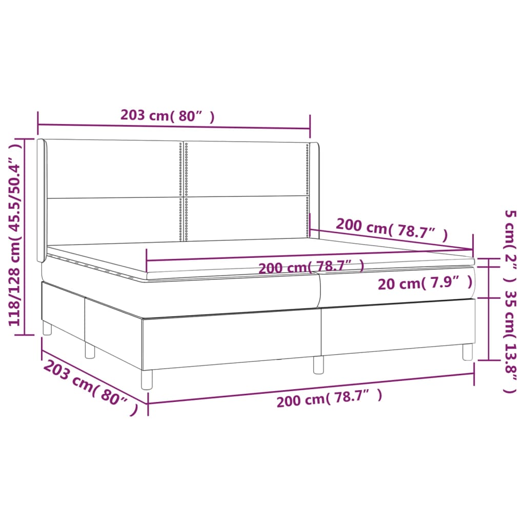 Pat cu arcuri, saltea și LED, alb, 200x200 cm, piele ecologică