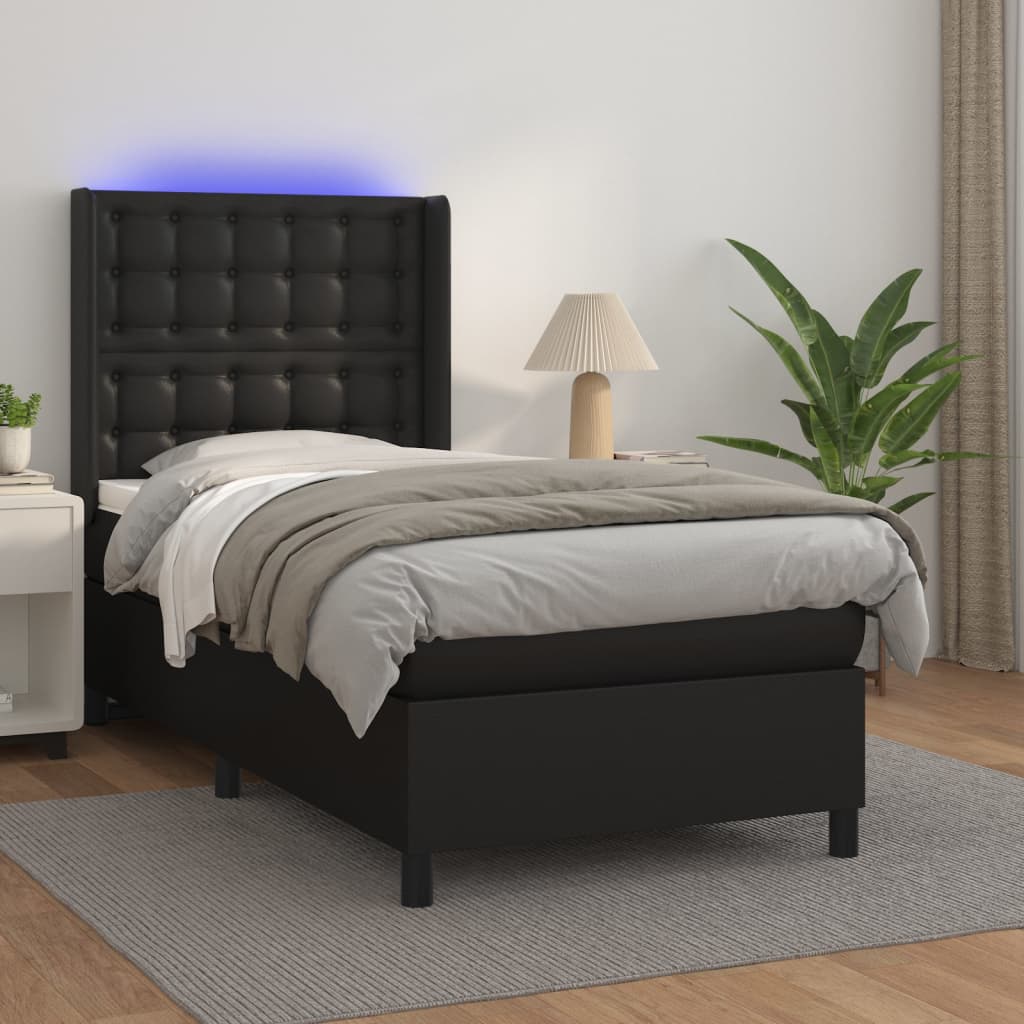 Pat cu arcuri, saltea și LED, negru, 90x190 cm, piele ecologică