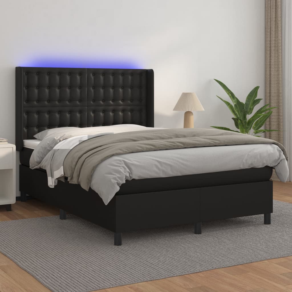 Pat box spring cu saltea, negru, 140x190 cm, piele ecologică