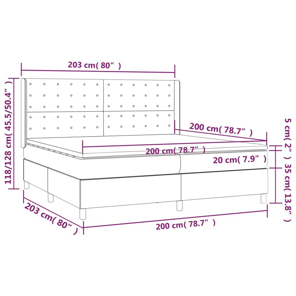 Pat cu arcuri, saltea și LED, alb, 200x200 cm, piele ecologică