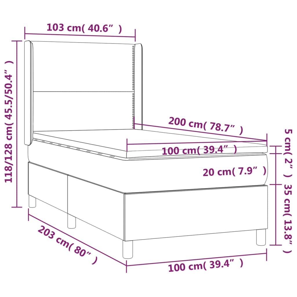 Pat cu arcuri, saltea și LED, gri închis, 100x200 cm, catifea