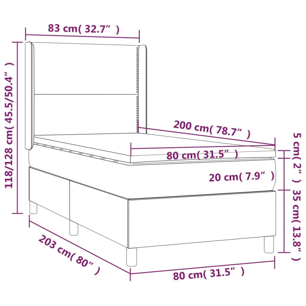 Pat continental cu saltea și LED, gri închis, 80x200 cm catifea