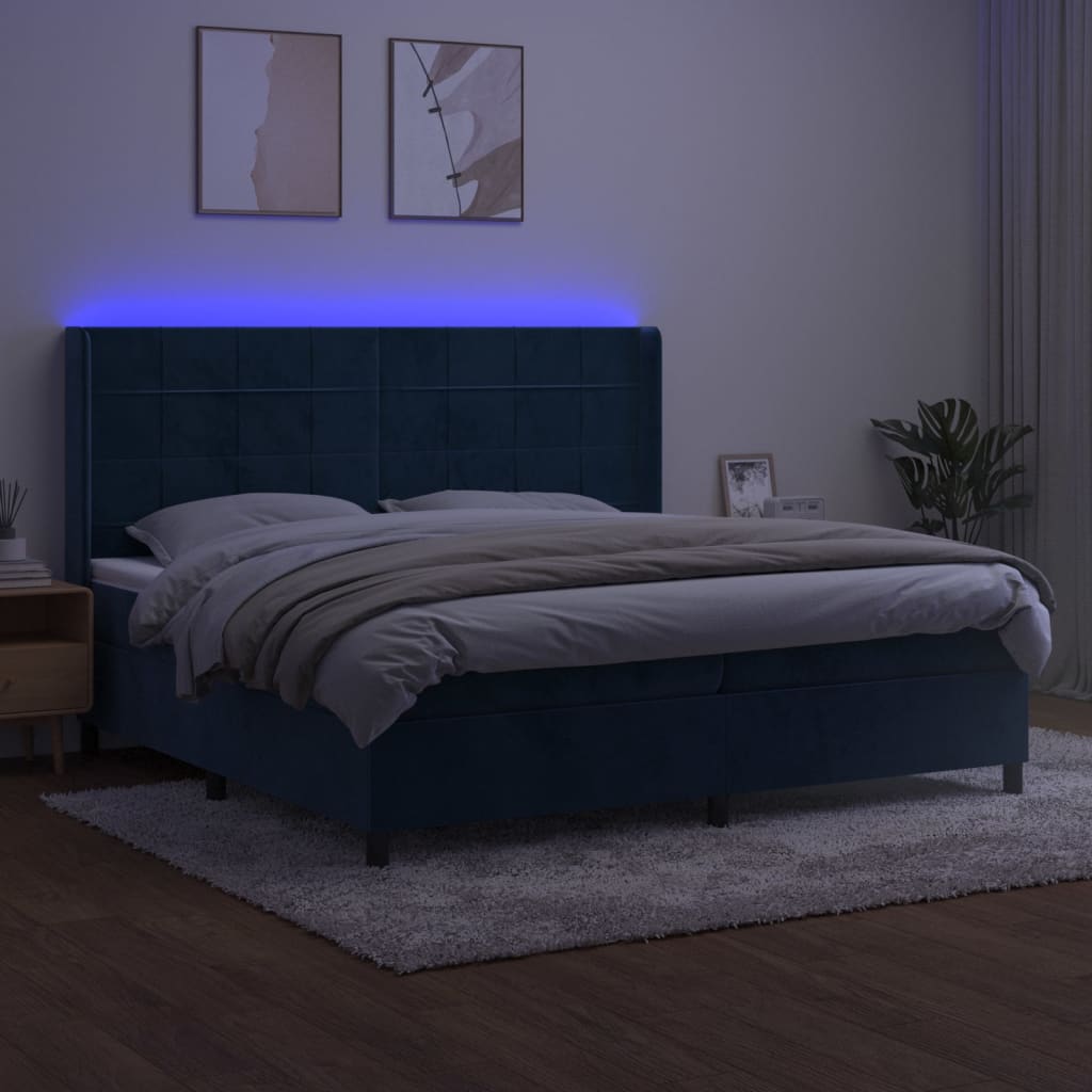 Pat cu arcuri, saltea și LED, bleumarin, 200x200 cm, catifea