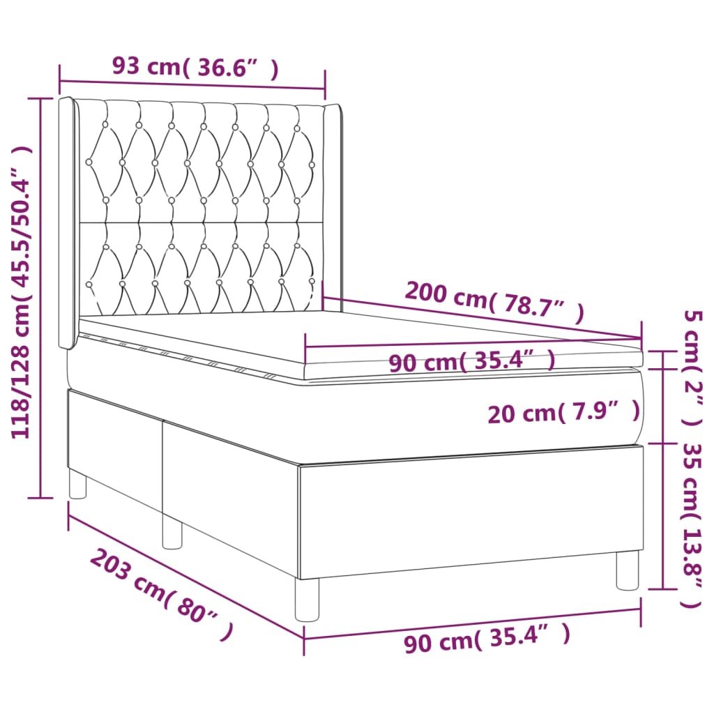 Pat cu arcuri, saltea și LED, gri închis, 90x200 cm, catifea