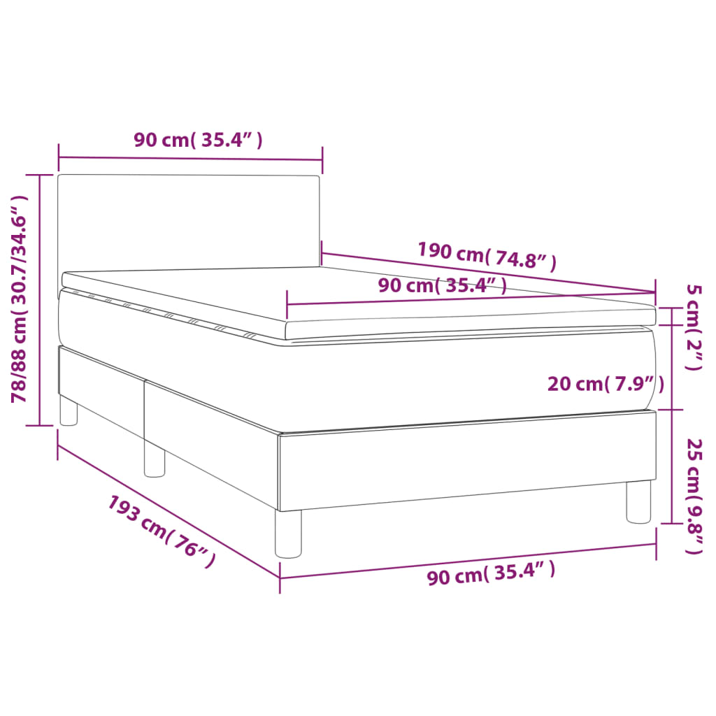 Pat cu arcuri, saltea și LED, gri închis, 90x190 cm, textil