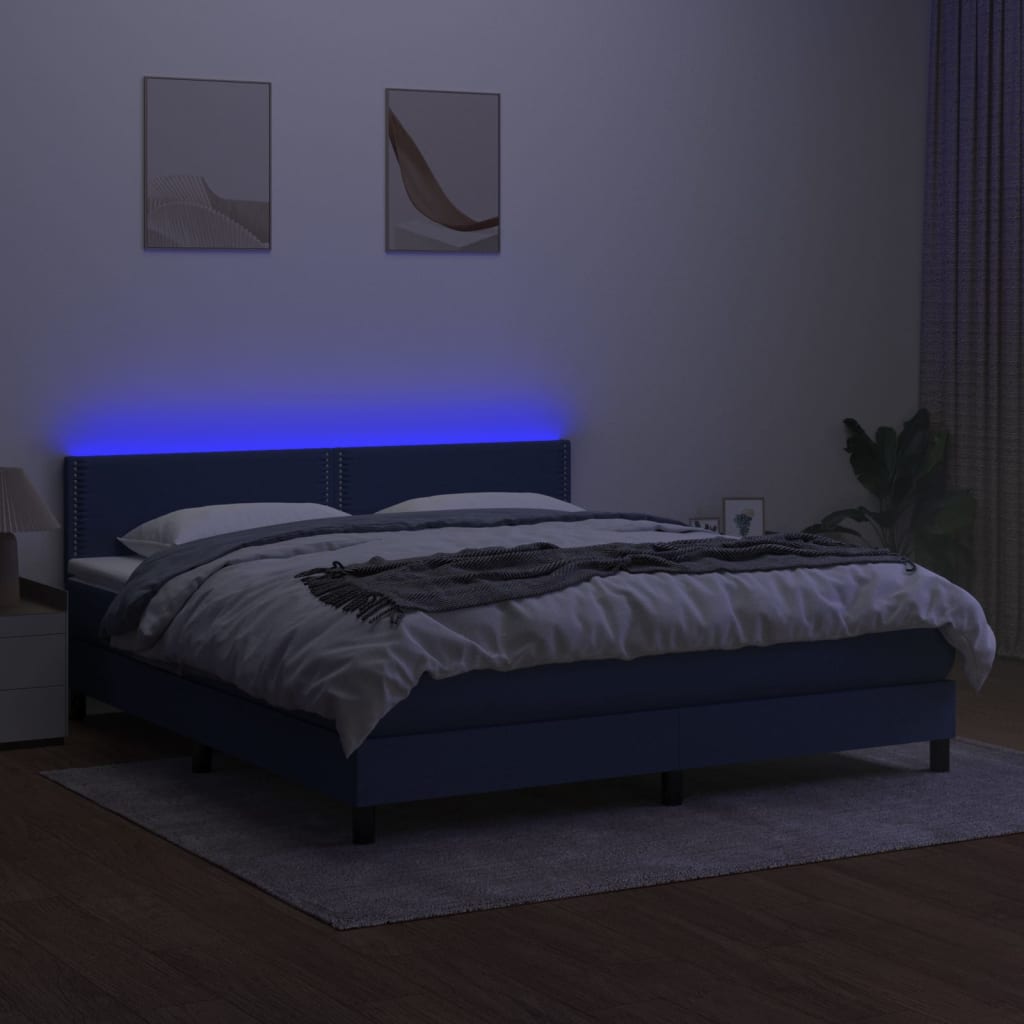 Pat cu arcuri, saltea și LED, albastru, 180x200 cm, textil