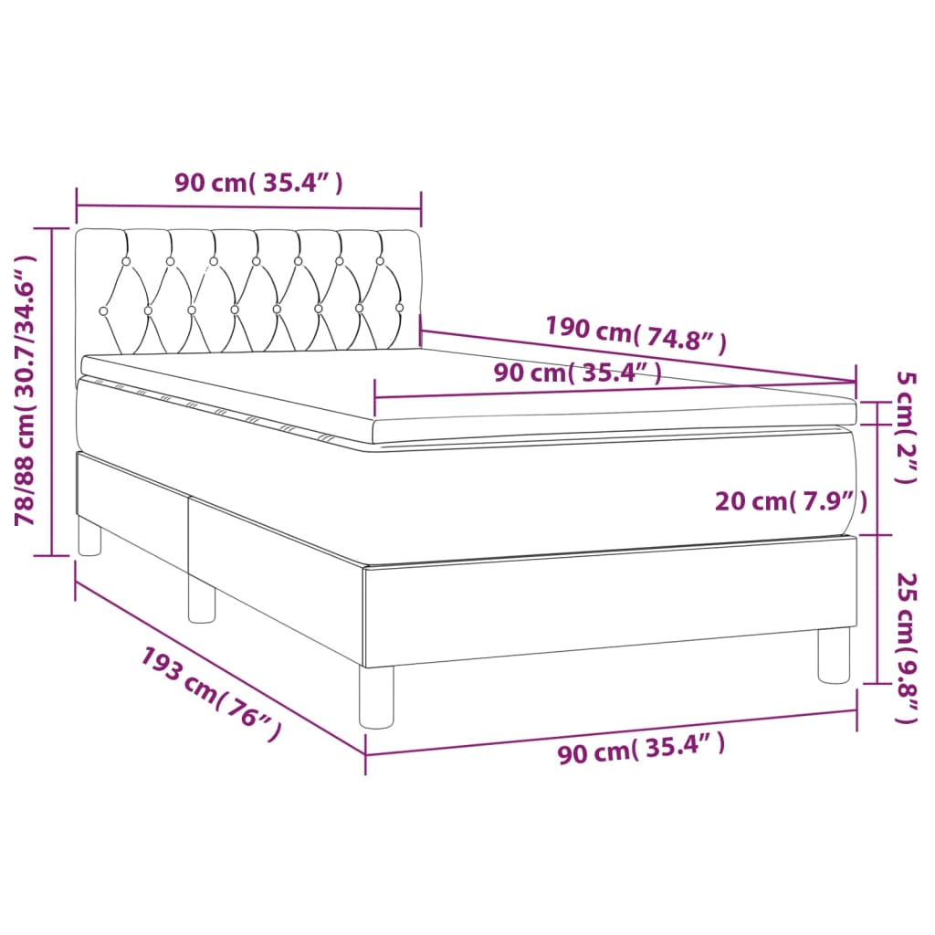 Pat cu arcuri, saltea și LED, gri închis, 90x190 cm, textil