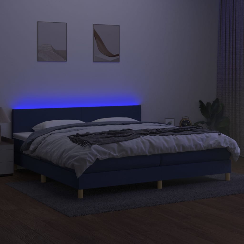 Pat cu arcuri, saltea și LED, albastru, 200x200 cm, textil