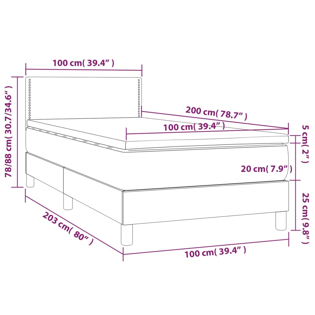 Pat cu arcuri, saltea și LED, gri închis, 100x200 cm, textil