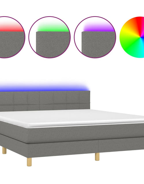Загрузите изображение в средство просмотра галереи, Pat cu arcuri, saltea și LED, gri închis, 180x200 cm, textil
