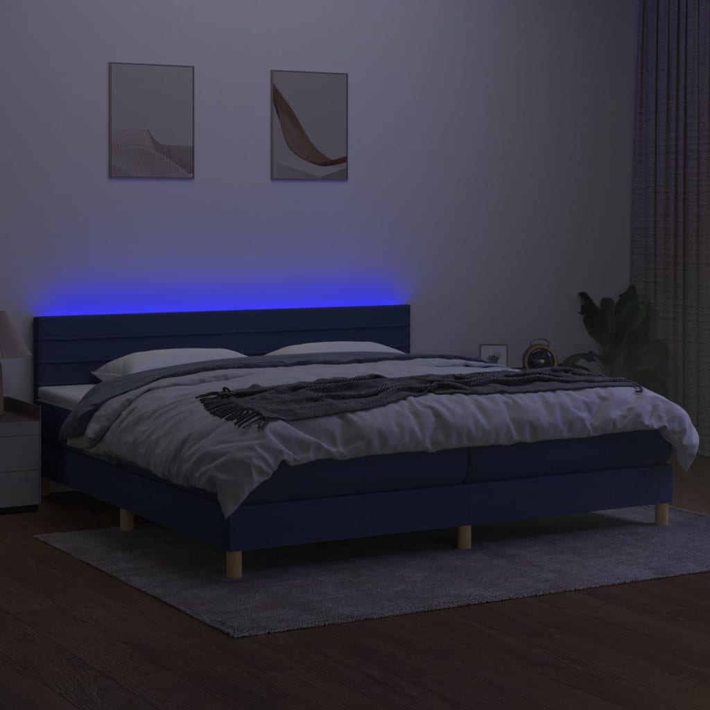 Pat cu arcuri, saltea și LED, albastru, 200x200 cm, textil