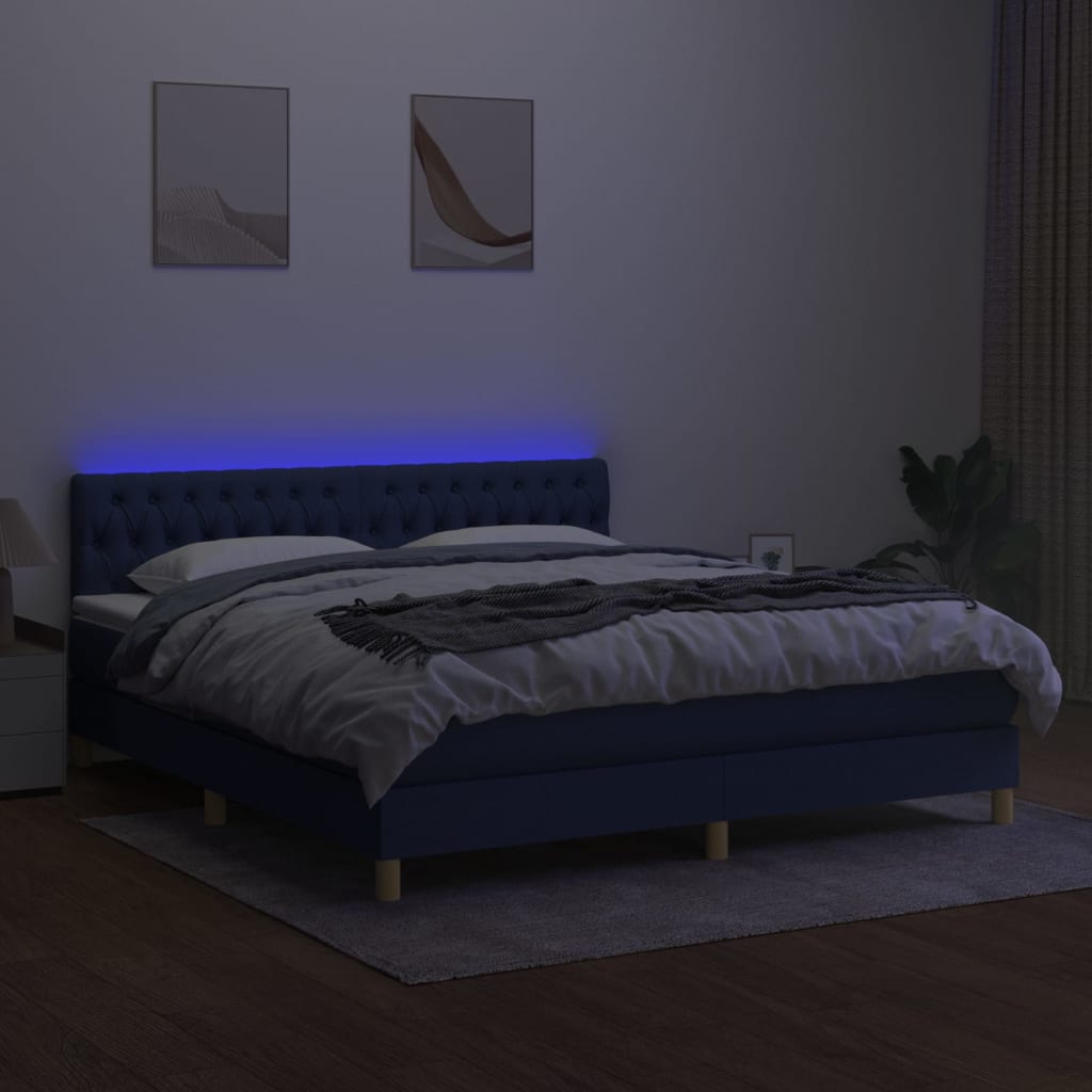 Pat cu arcuri, saltea și LED, albastru, 180x200 cm, textil