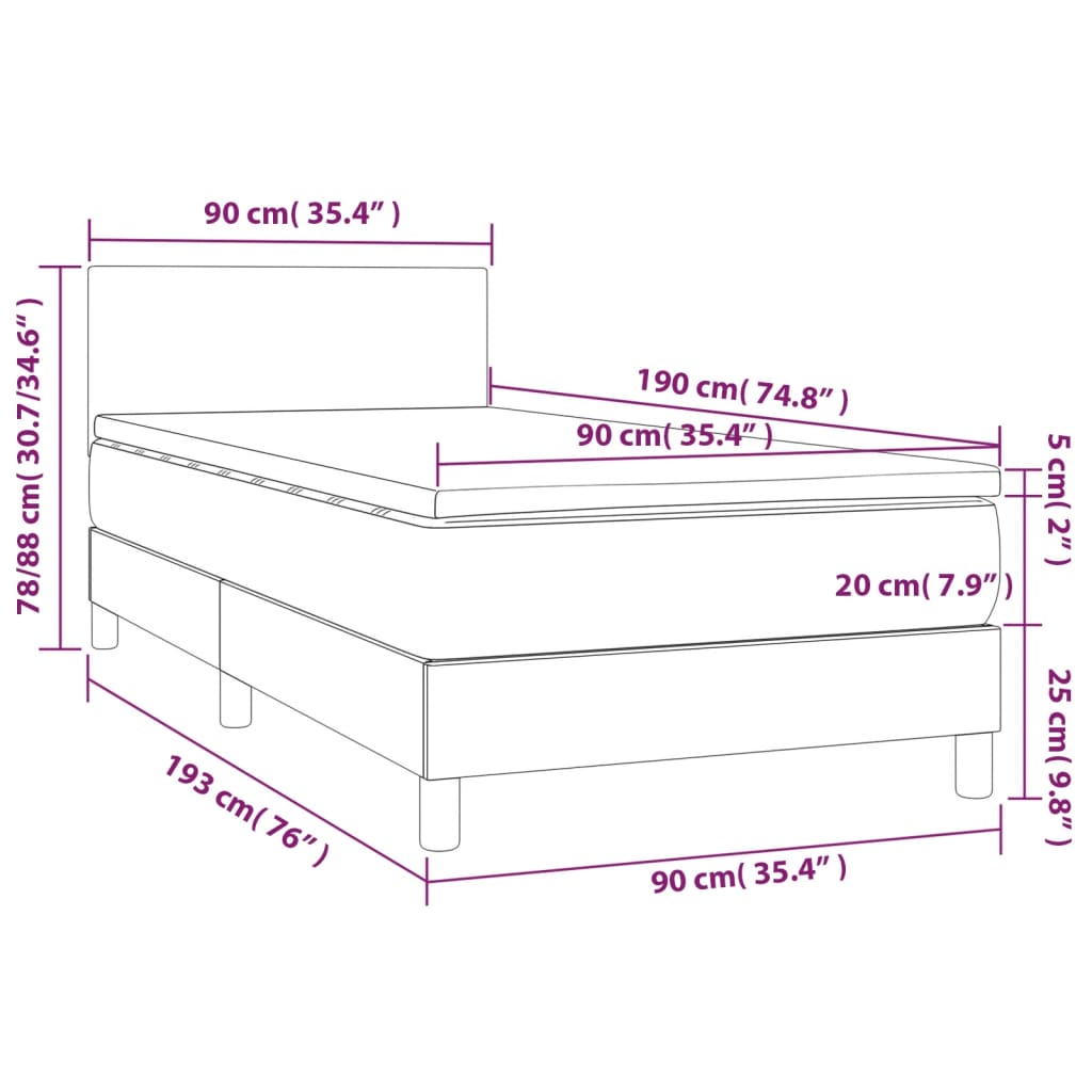 Pat cu arcuri, saltea și LED, alb, 90x190 cm, piele ecologică