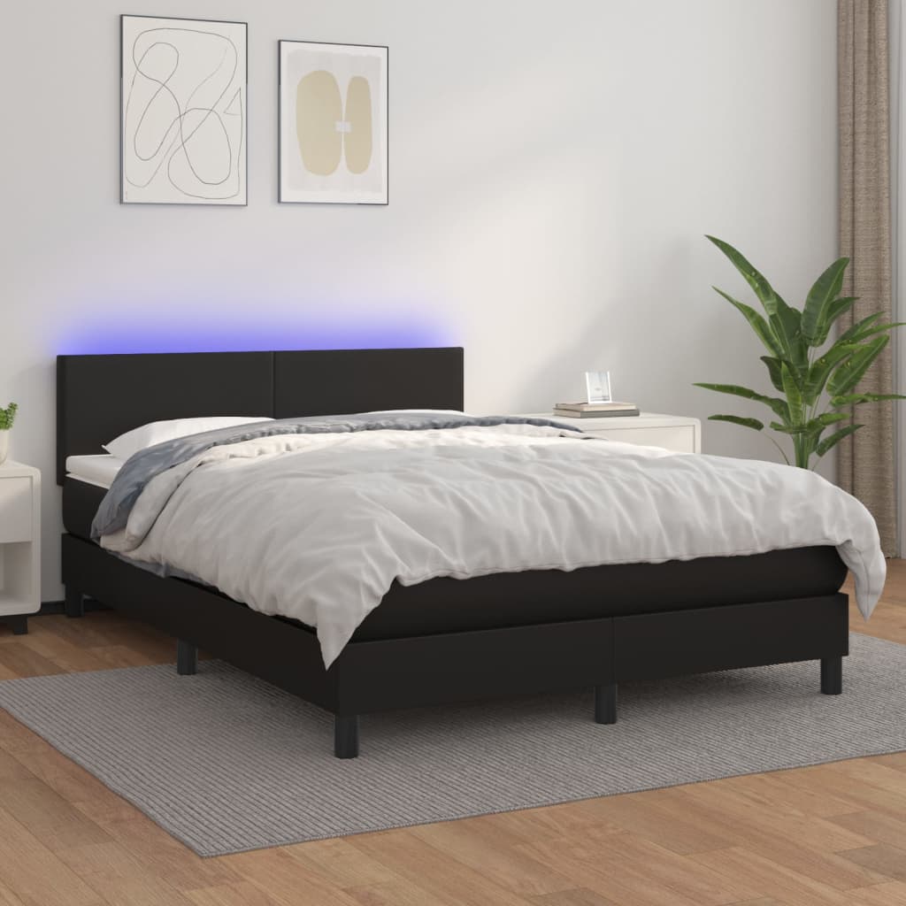 Pat continental cu saltea & LED, negru, 140x190 cm, piele eco