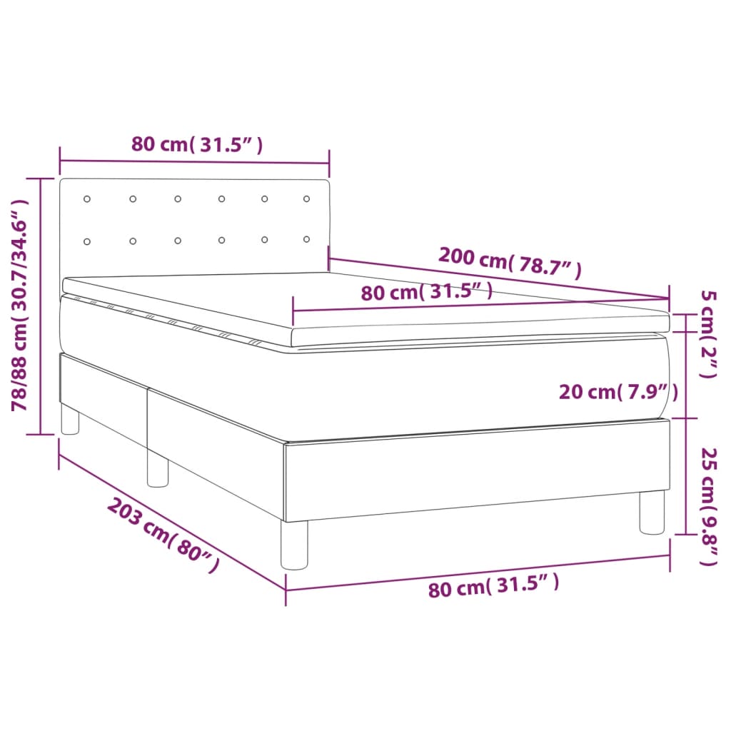 Pat continental cu saltea și LED, gri, 80x200 cm, piele eco