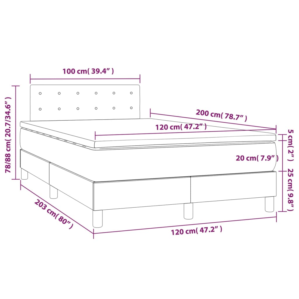 Pat cu arcuri, saltea și LED, gri, 120x200 cm, piele ecologică