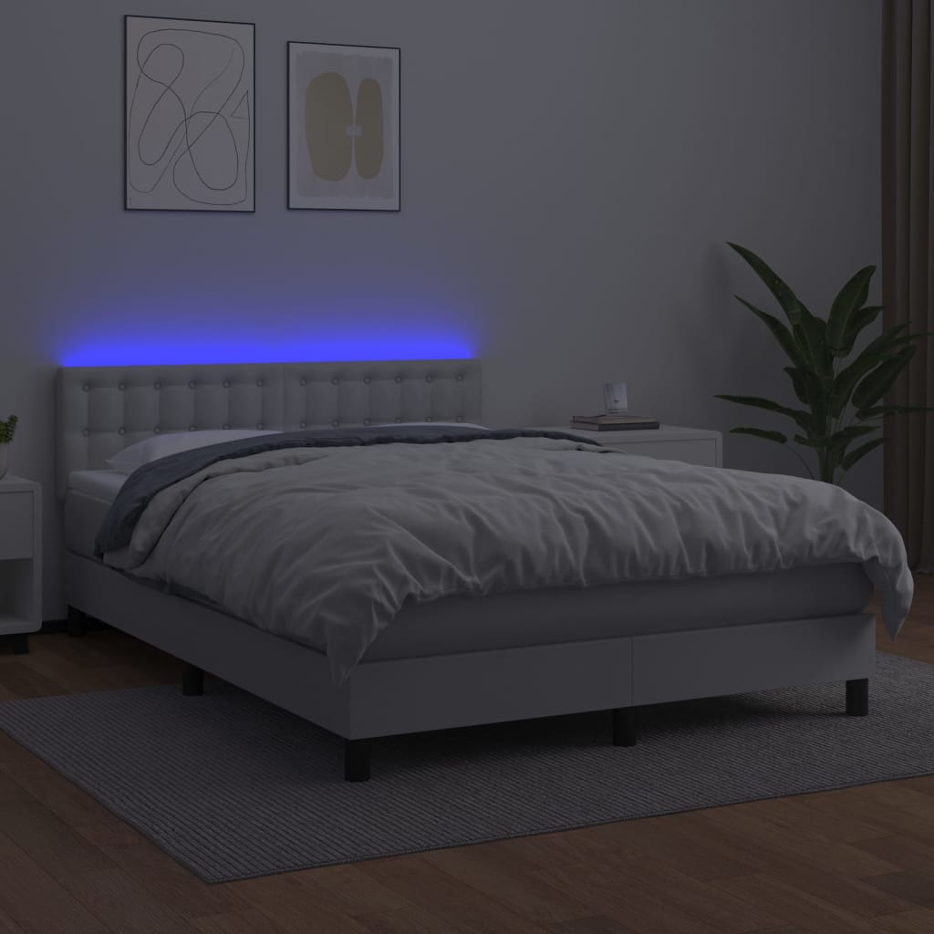 Pat cu arcuri, cu saltea & LED, alb, 140x190 cm, piele eco