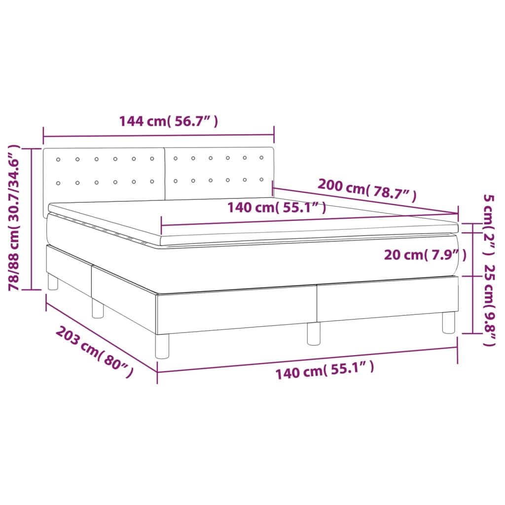 Pat cu arcuri, saltea și LED, gri, 140x200 cm, piele eco