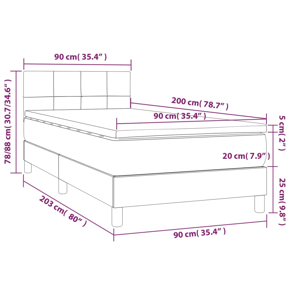 Pat cu arcuri, saltea și LED, gri închis, 90x200 cm, catifea