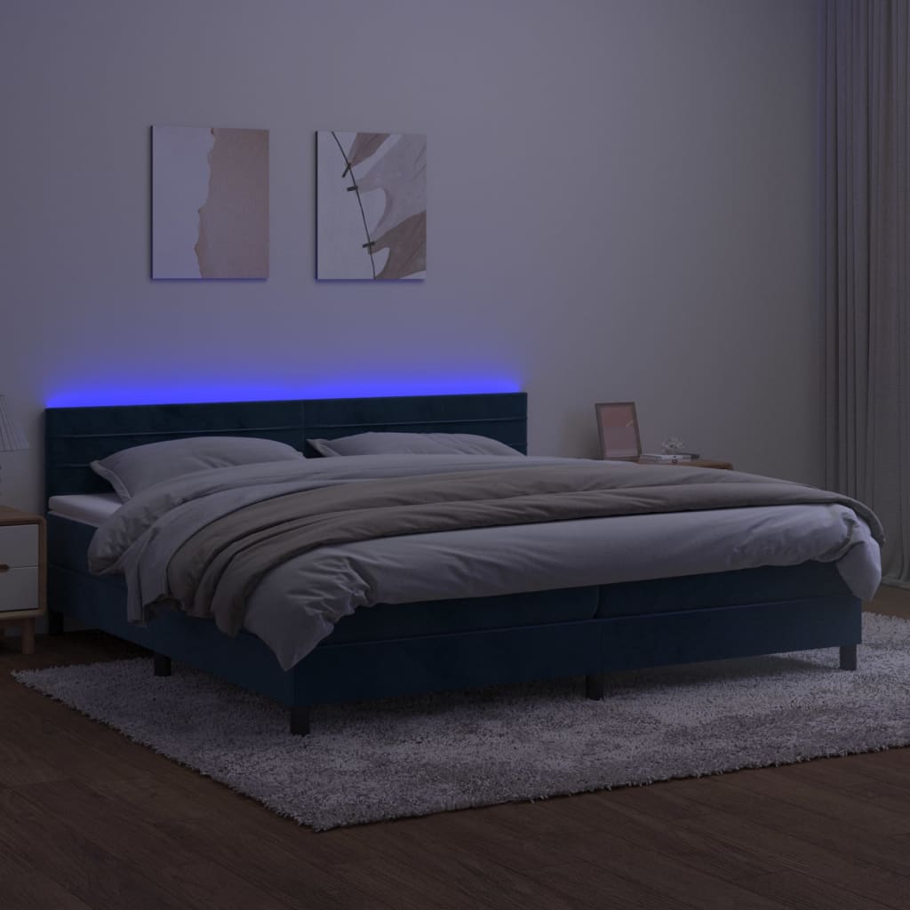 Pat cu arcuri, saltea și LED, bleumarin, 200x200 cm, catifea