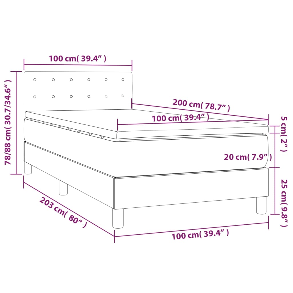 Pat cu arcuri, saltea și LED, gri închis, 100x200 cm, catifea