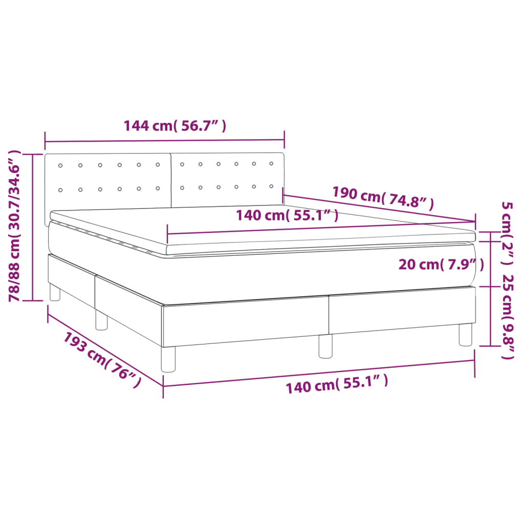 Pat continental cu saltea și LED gri deschis 140x190 cm catifea