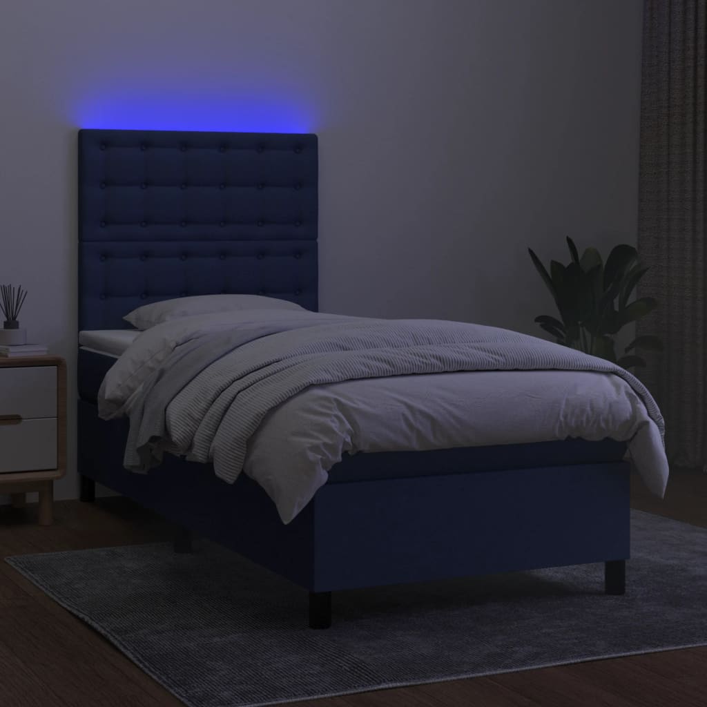 Pat cu arcuri, saltea și LED, albastru, 80x200 cm, textil