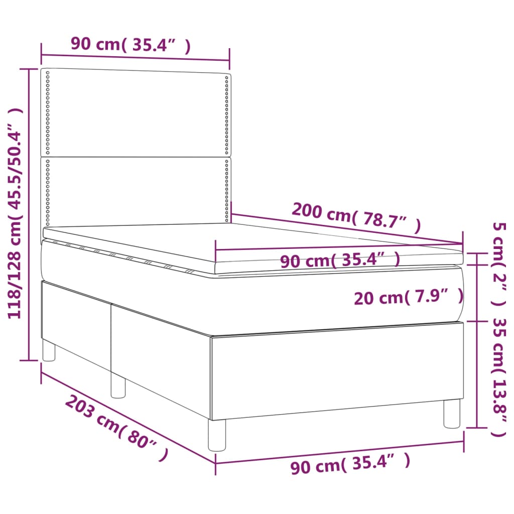 Pat cu arcuri, saltea și LED, gri închis, 90x200 cm, textil