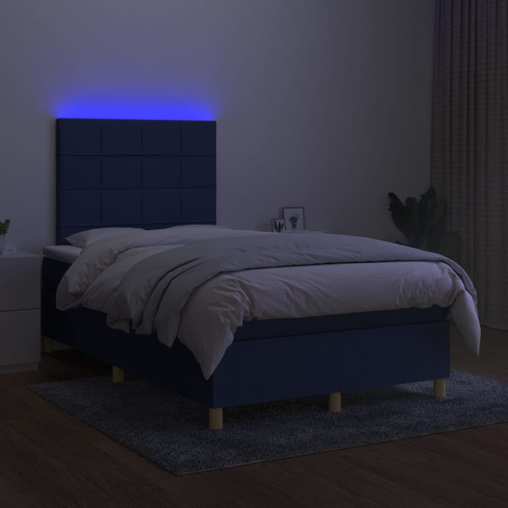 Pat cu arcuri, saltea și LED, albastru, 120x200 cm, textil