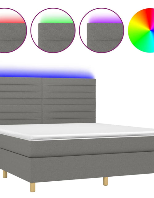 Загрузите изображение в средство просмотра галереи, Pat cu arcuri, saltea și LED, gri închis, 160x200 cm, textil
