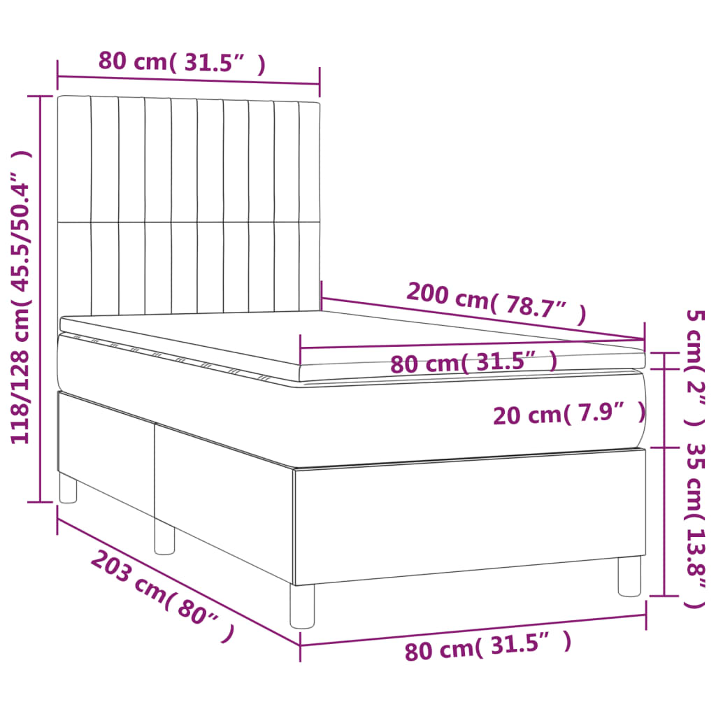 Pat cu arcuri, saltea și LED, gri închis, 80x200 cm, textil