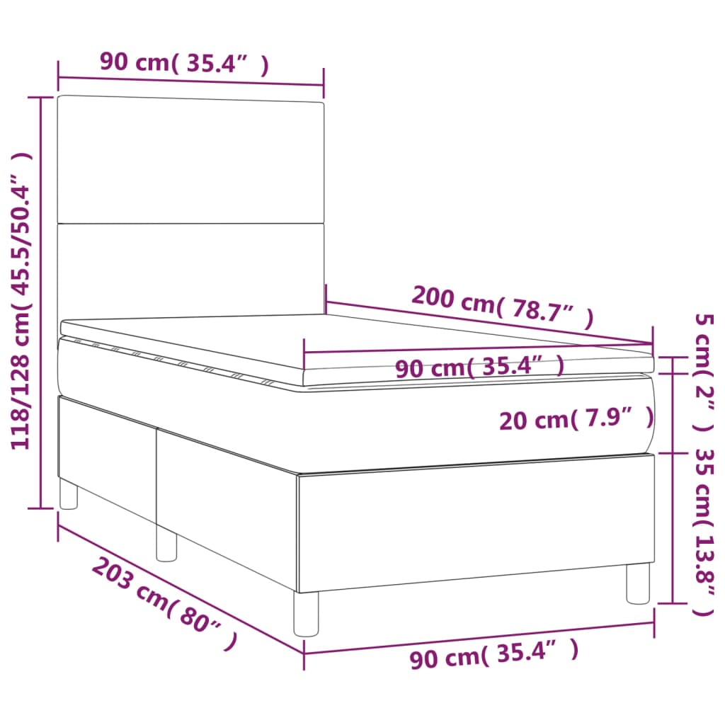 Pat continental cu saltea & LED, alb, 90x200 cm, piele eco